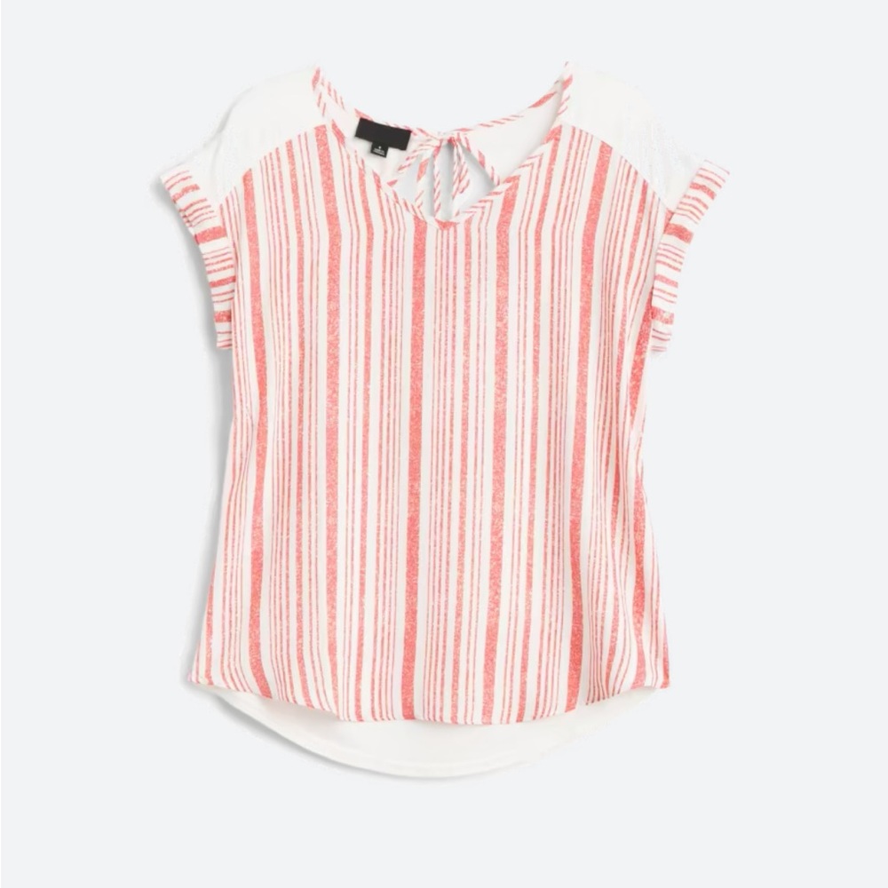 Red and White Striped Short Sleeve Blouse with Back Tie